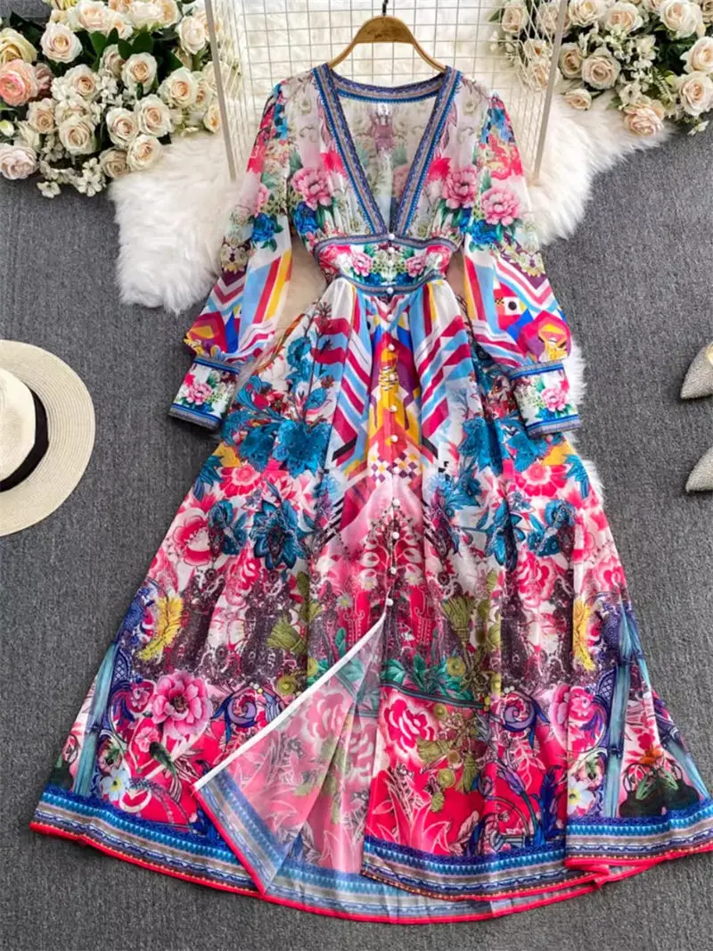 

2024 Spring Autumn French Palace Style Elegance Slim French Chiffon Mesh Dress Women's Large Hem A-Line Printed Long Dress K534