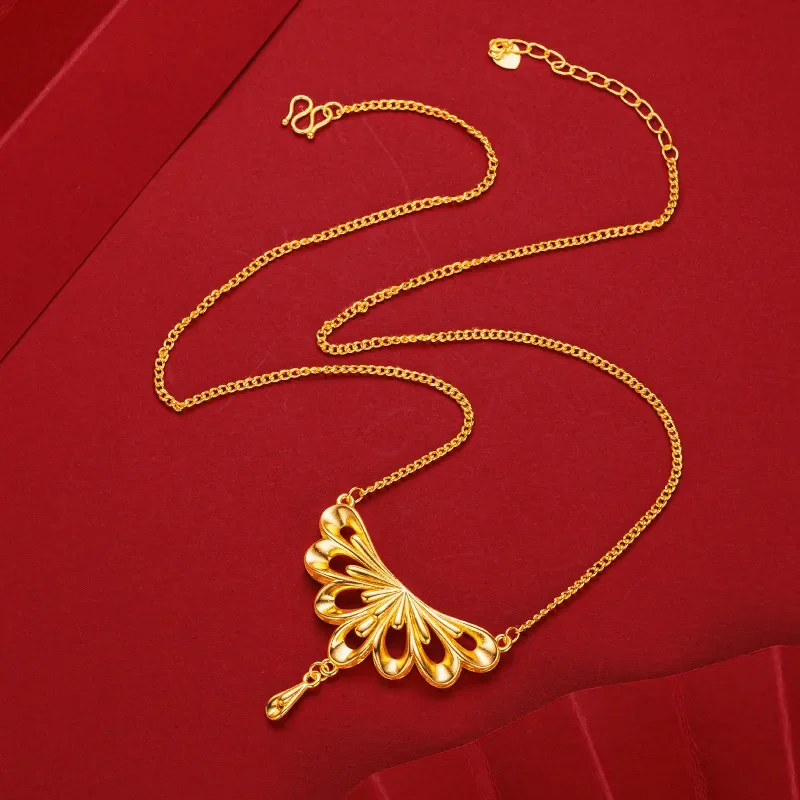 9999 Real Gold 24K Golden Wedding Peacock Phoenix Necklace New Chinese Premium Peacock Tail Water Drop Necklace