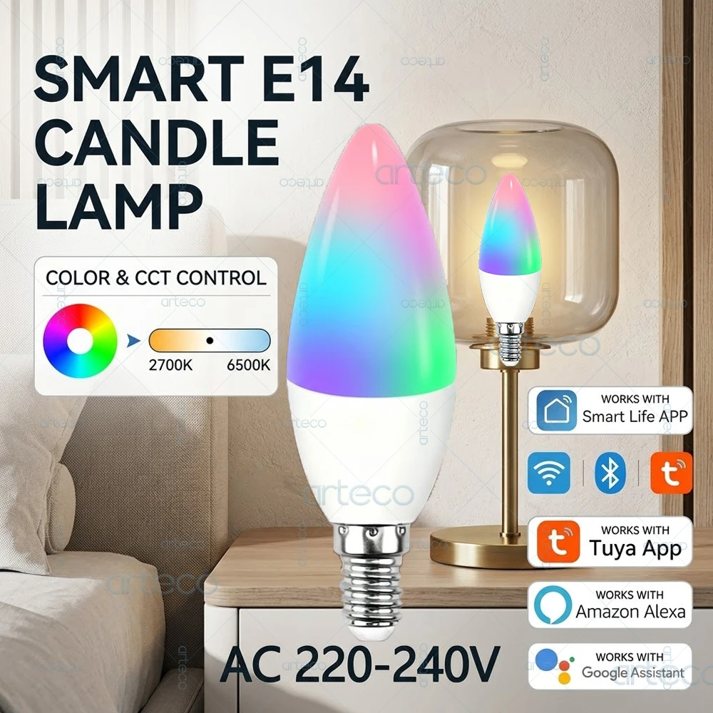 Tuya E14 Smart LED Candle Bulb WiFi/Bluetooth RGB CW Dimmable Lamp 220V-240V Chandelier Light Works with Smart Life Alexa Google