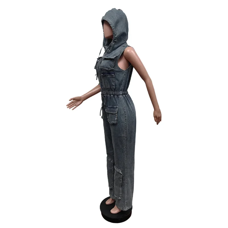 Vintage Multi-pocket Patchwork Hooded Denim Jumpsuit Women Zipper Half-open One-piece Pants Female Casual Straight Jeans Rompers