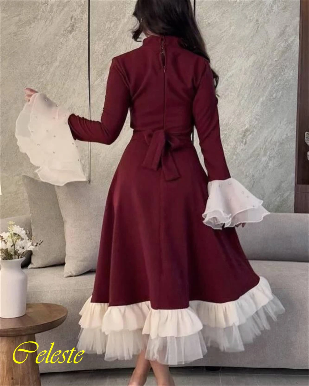 Customized Square Collar Flare Sleeves Jersey A-Line Evening Dress Luxury Party Dresses Delicate Special Occasion Gowns