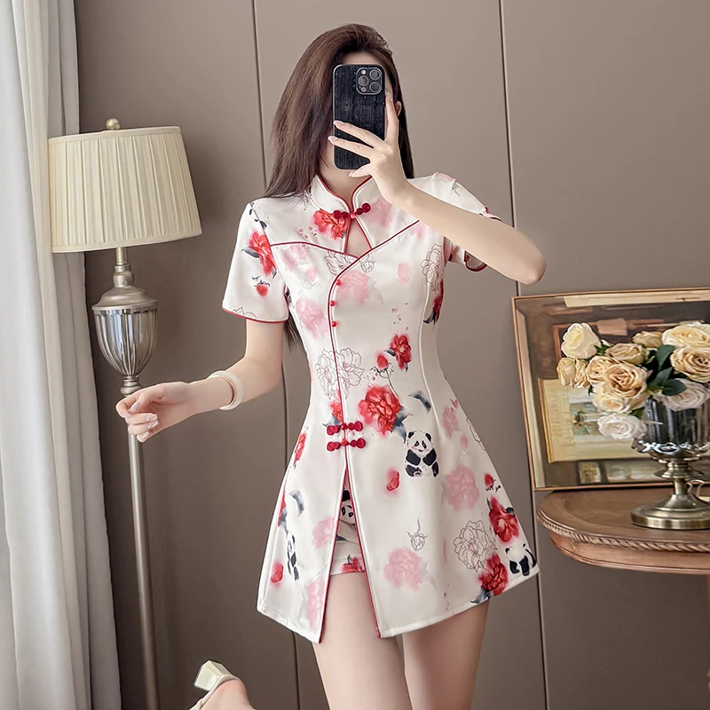 2026 New Chinese Style Red Floral Hollow Out Cheongsam Dress+Shorts 2 Piece Set Women Mandarin Collar Side Split Summer Outfit