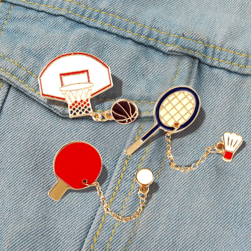 Cute Sports Enamel Brooches Pin Basketball Hoop Badminton Ping Pong Metal Chain Badge Bag Denim Lapel Jewelry For Women Men Kids