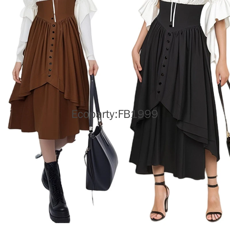 

Women Medieval Victorian Maxi Skirt Vintage High Waist A Line Gothic Long Skirt Solid Color Steampunk Ruffled Hem Pleated Skirts