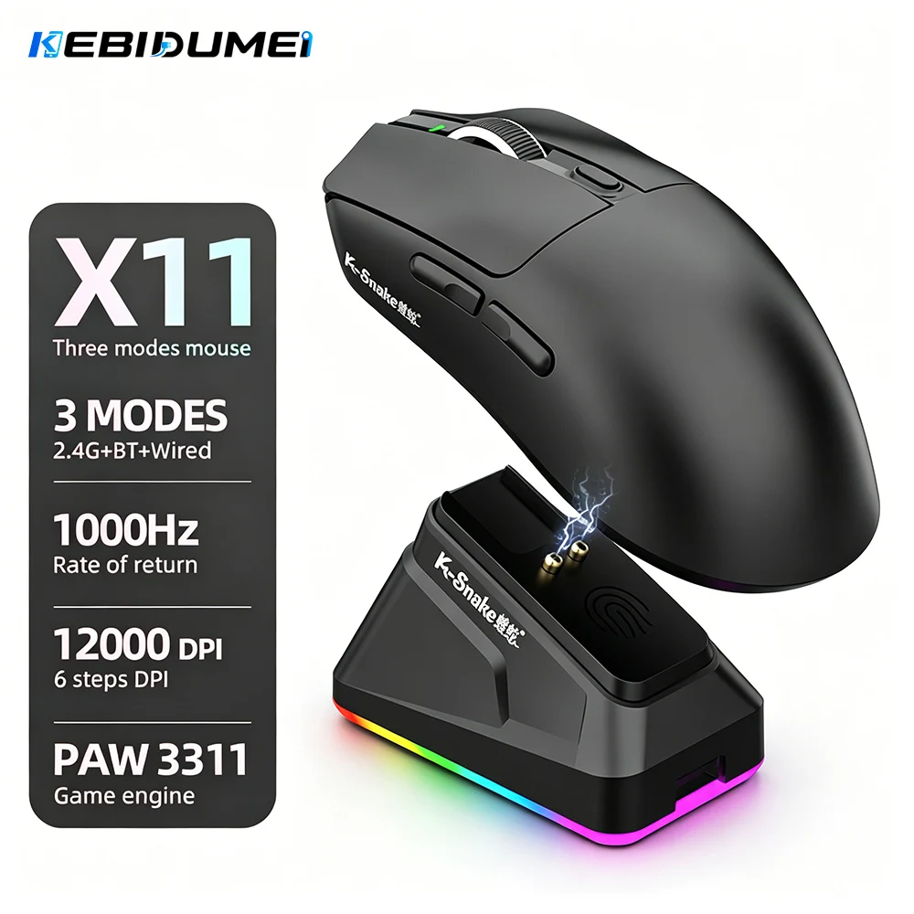 KEBIDUMEI X11 PAW3311 Tri-Mode Wireless Maus 12000 DPI Gaming-Maus RGB Touch Magnetische Ladestation Bluetooth /2.4G/Kabelgebundene Mäuse