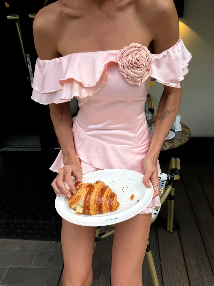 Irregular rosa mancha sem alças mini vestido feminino chique 3d flor em camadas babados a linha vestidos 2025 senhora férias festa robes