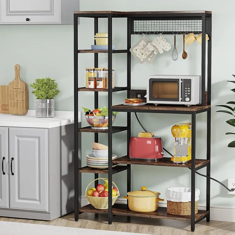 Tribesigns Kitchen Bakers Rack with Power Outlet 8-Tier Coffee Bar Microwave Stand with 8 S-Shaped Hooks Kitchen Storages and