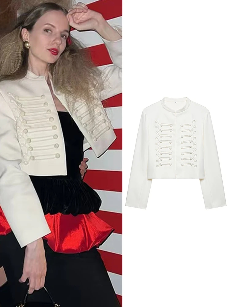 

2026 New Women's Street Style Cropped Jacket Coat Long Sleeve Braided Button Trim Vintage Slim Fit Fashion Female Outerwear
