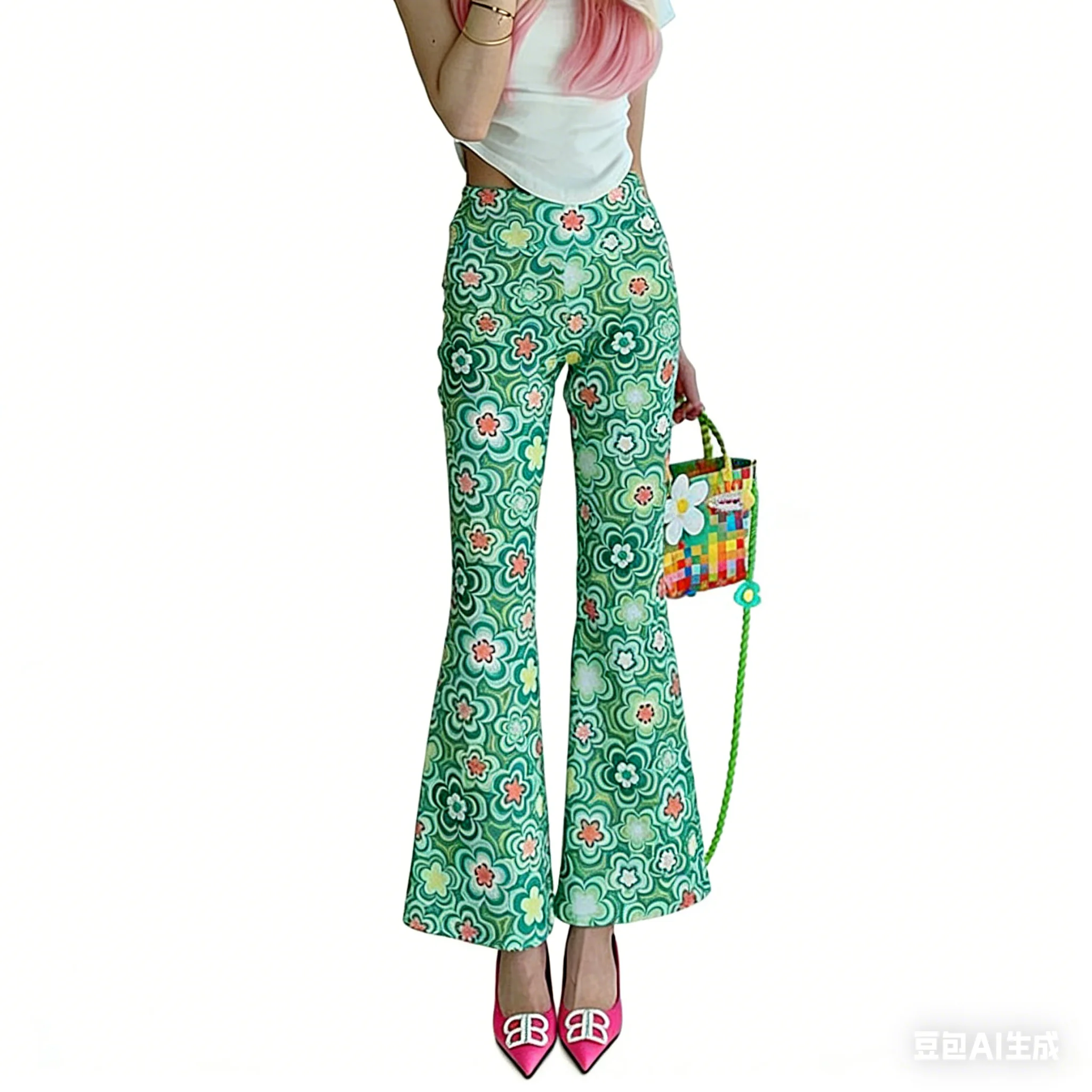

American Vintage Psychedelic Flower Print Flare Pants High Waist Stretch Bell Bottom Trousers 60s 70s Retro Summer Casual Pants