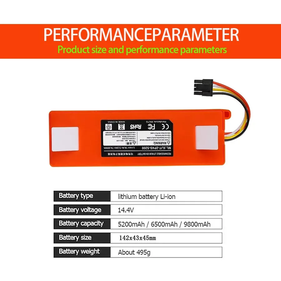 

Replacement Battery for Xiaomi Roborock, Robotic Vacuum Cleaner, S55, S60, S65, S50, S51, S5 MAX, S6 Parts, 14.4V