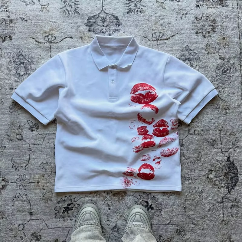 Hip Hop Y2K Polo Shirt Print Rock Goth Oversized T-shirt Button-down Collar Shirt Punk Casual Tee Minimalist and Fashionable