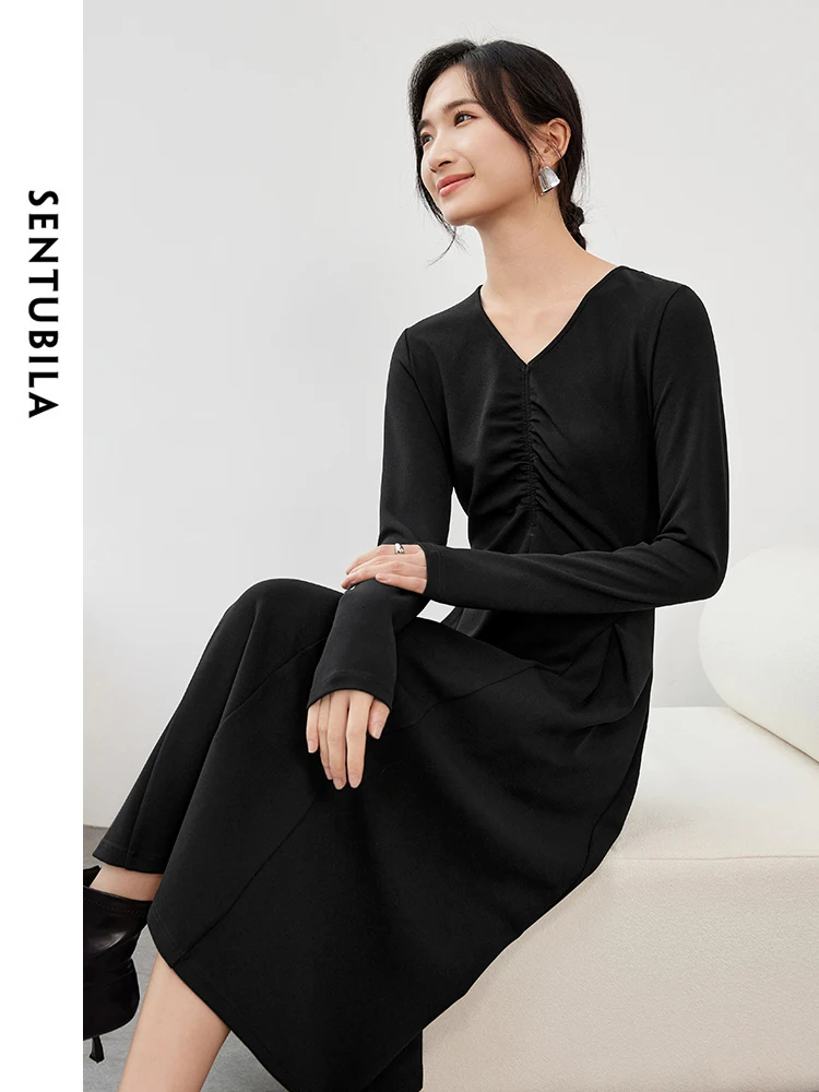 SENTUBILA Retract Waist Knit Black Dress for Women 2024 Autumn Solid Slim Fit Shirring V Neck Long Sleeve Women Dress 143L56478