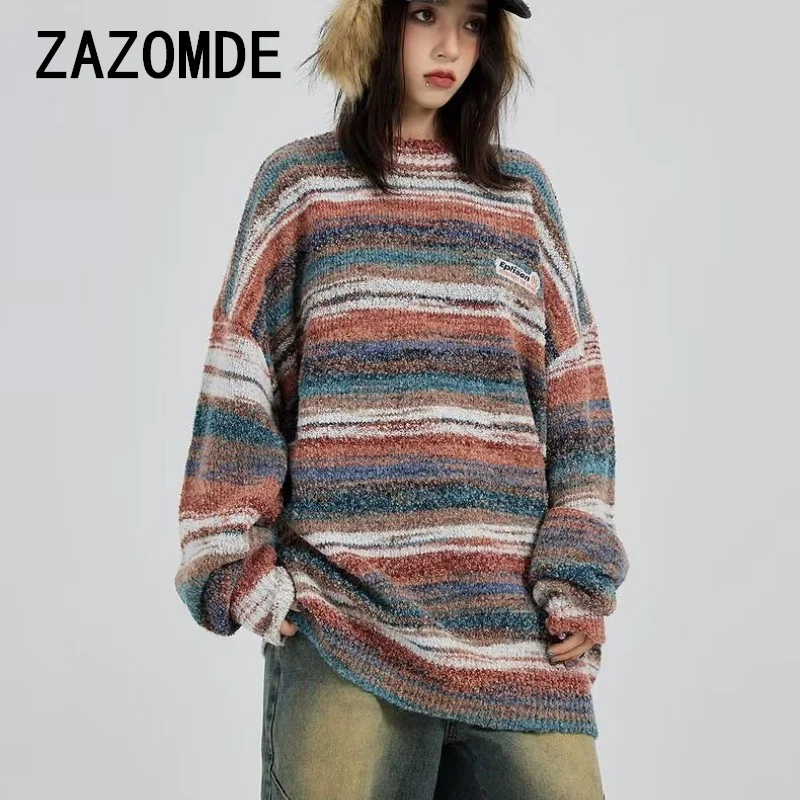 ZAZOMDE 2024 Autumn Winter New Arrival Fashionable Trendy Striped Knit Pullover Vintage Color Blocking Design Unisex Couple Tops