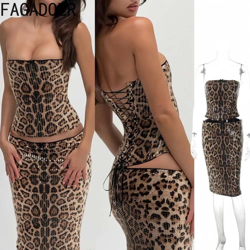 

FAGADOER Sexy Leopard Print 2 Pieces Set for Woman Outfits Sequin Sleeveless Backless Crop Top and Skirt Suit Female Streetwear