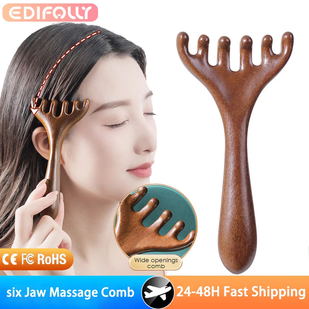

Wooden Meridian Massage Comb Anti-static 6-Claw Head Massager Promote Blood Circulation Body Gua Sha Tool Head Massage Brush