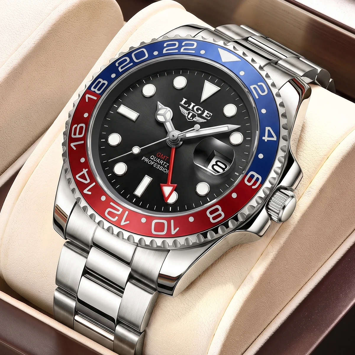 LIGE Quality Original GMT Men Clock Waterproof Luminous Date Luxury Man Watch Stainless Steel Quartz Men's Watches Male