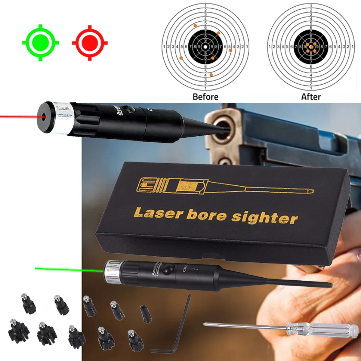 10 Adapters Rifle Laser Bore Sight Kit Scope Laser Boresighter Caliber .22 to .78 Laser Collimador