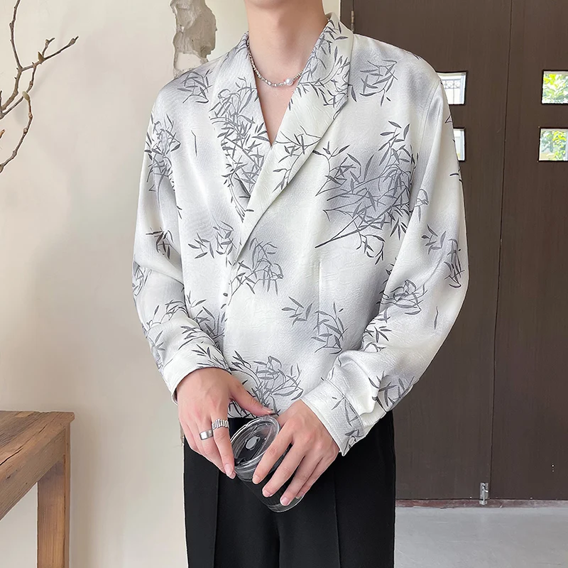 2025 Spring Autumn Men Elegant Korean Shirt Men Loose Fit Long Sleeve Shirts Men Retro Print Shirt Male Trend Pullover Tops