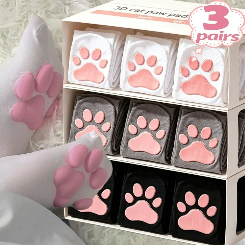 1/3Pairs Kawaii Cat Paw Stocking for Women Cartoon Pink Paw Pad Thin Thigh High Socks Sexy Long Compression Cosplay Stockings