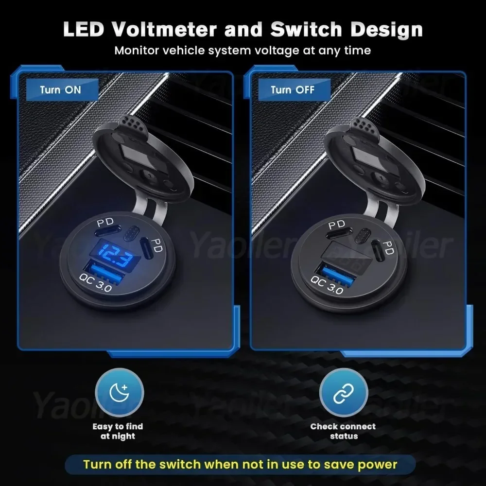 مقبس شاحن سيارة PD3.0 & QC3.0 منافذ USB C مزدوجة مقاومة للماء مع مفتاح لمس LED شحن سريع 12 فولت/24 فولت لمحول موتو