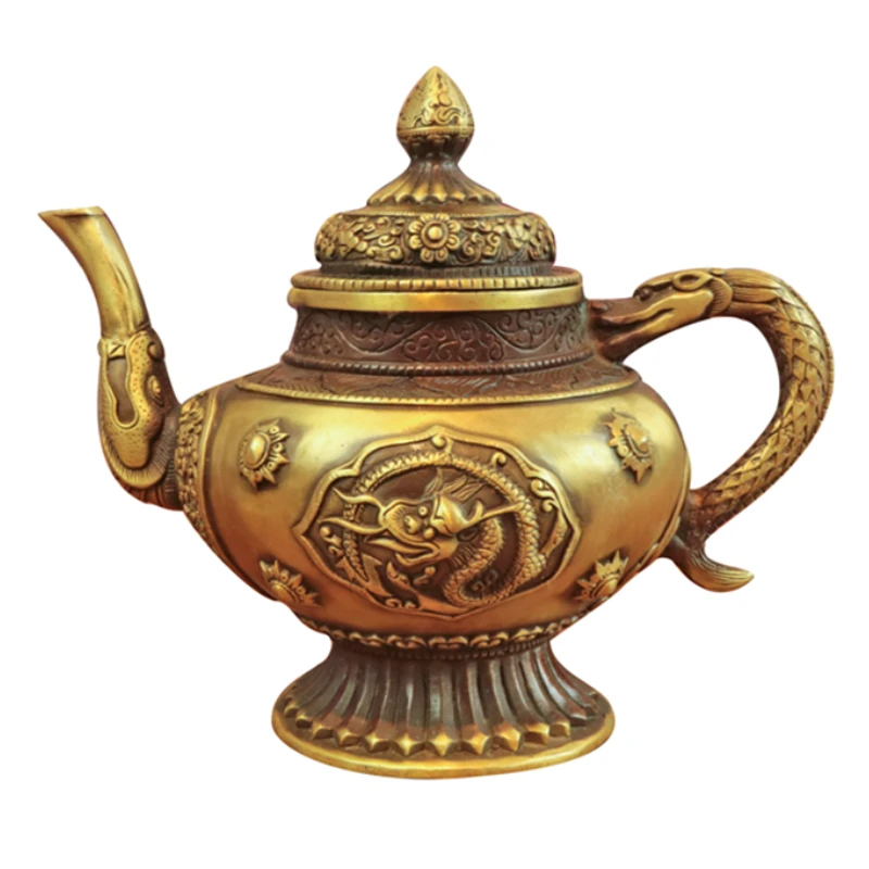 Pure Copper Tibetan Dragon Pot Decoration Antique Copper Ware Kettle Teapot Wine Pot Handle Pot Home Decoration