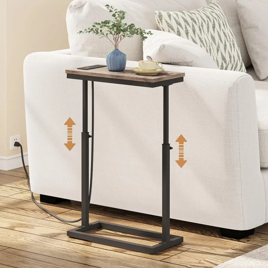 

End Table with Charging Station, Side Table, Tall Couch Table, Sofa Table, Living Room, Bedroom,Greige TB01BG084