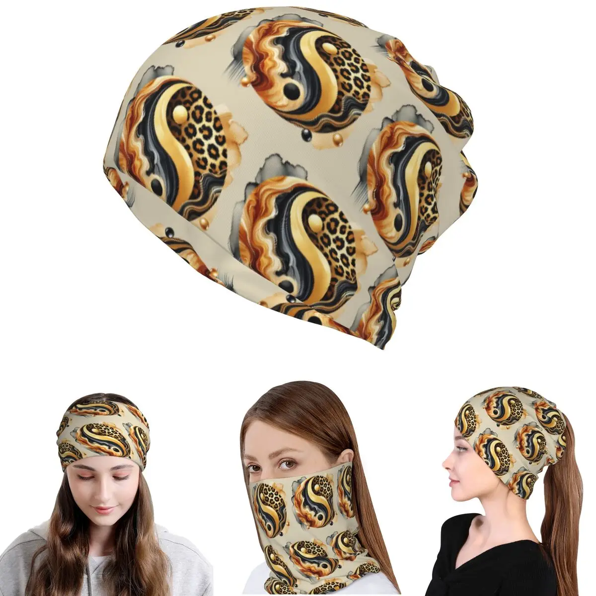 Leopard Yin Yang Luxus Gold Marmor Balance Design Bandana Halstuch Wickelschal Gesichtsmaske Mütze Unisex Erwachsene Atmungsaktiv