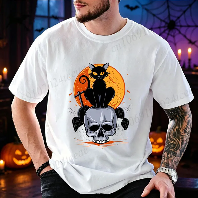 Halloween Black Cat Skull T Shirt Men Gothic Retro Graphic Oversized Tee Casual Short Sleeve Tshirt Halloween Party Costume Tops