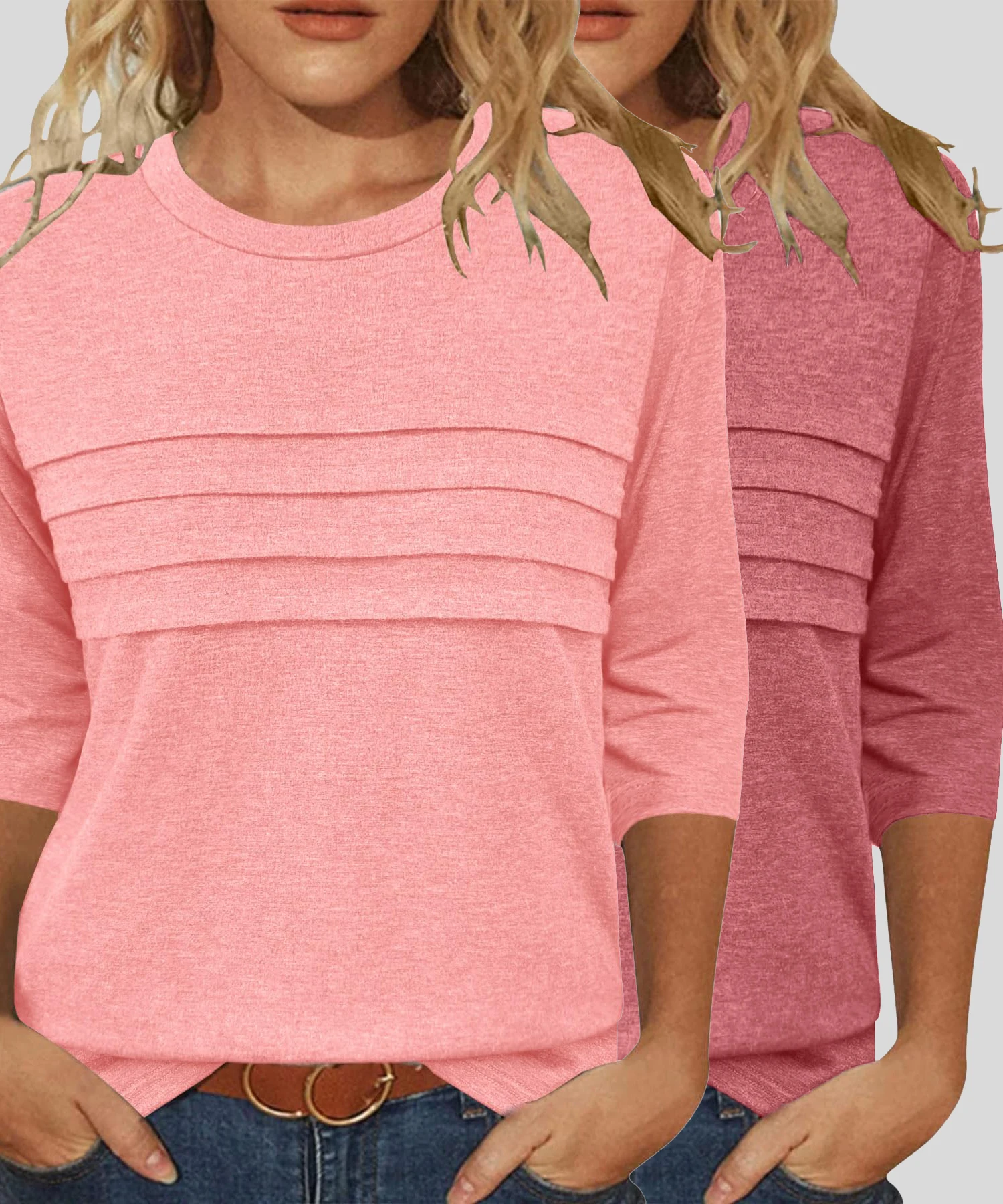 Dwuczęściowy zestaw wygodnych, modnych i uniwersalnych damskich koszulek z rękawami do połowy ramienia, idealnych do dojazdów do pracy.