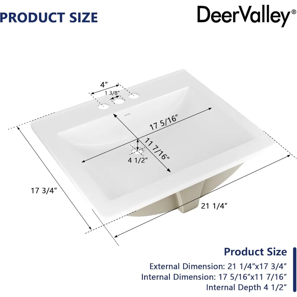DeerValley 21x18 Inch Rectangular Ceramic Bathroom Sink with Overflow, White