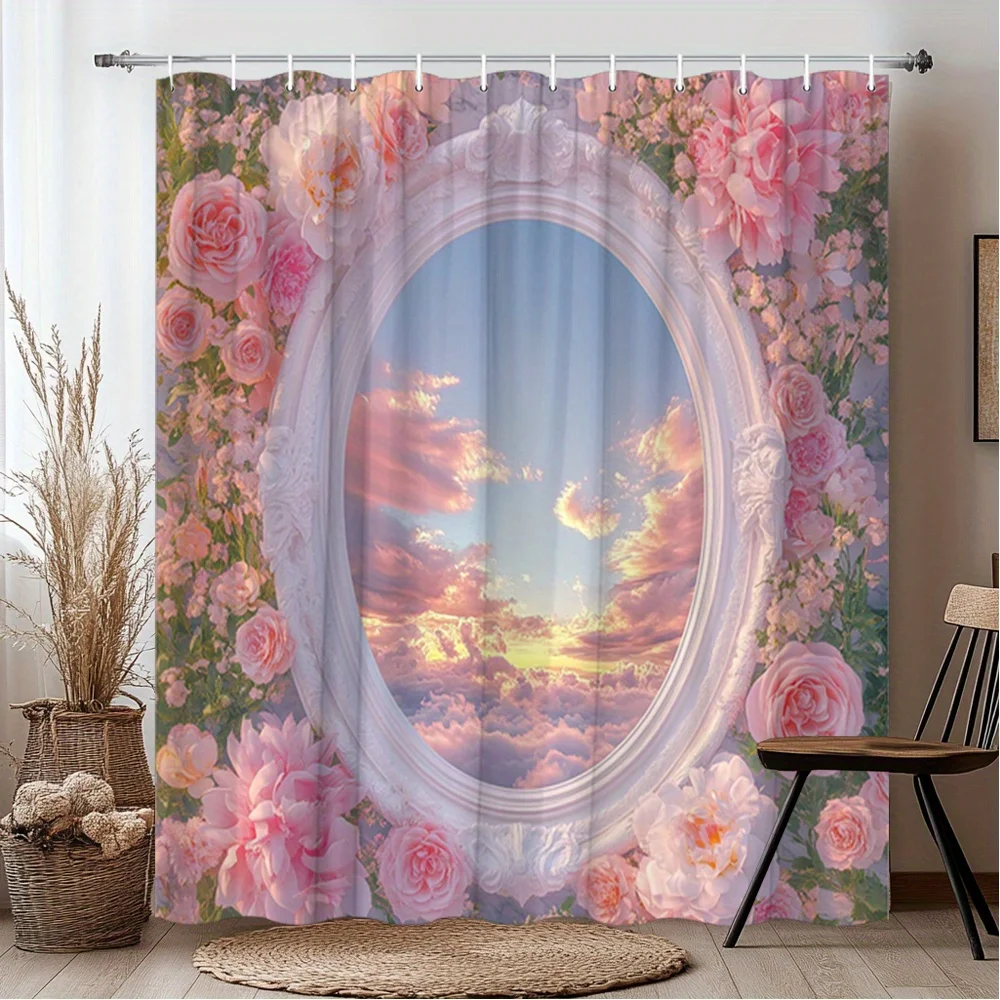

Floral Mirror Shower Curtain - Pink Roses & Sunset Reflection,Romantic Home Decor,Polyester,Modern Bath Design,Washable,Line Dry