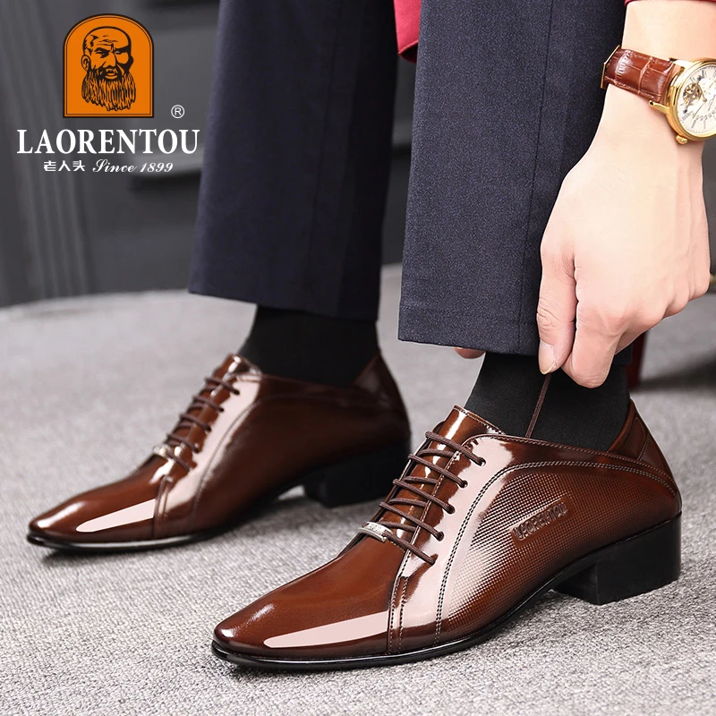 LAORENTOU layer cowhide breathable business dress leather shoes with  lace up middle heel, Derby groom\'s wedding shoes 20222