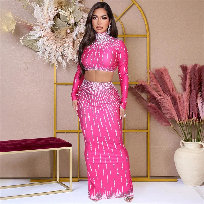 

2025 New Sexy Print Party 2 Piece Sets Women High Neck Long Sleeve Crop Top and High Waist Skinny Long Skirts Night Club Outfits