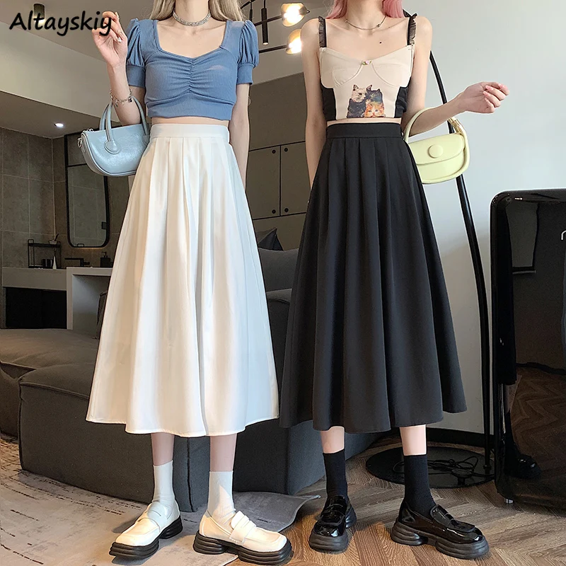 

Skirts Women Sheer All-match Teens A-line Летние Юбка Женская Simple Kawaii Casual Ulzzang Fashion Elegant Ins Folds Mid-calf