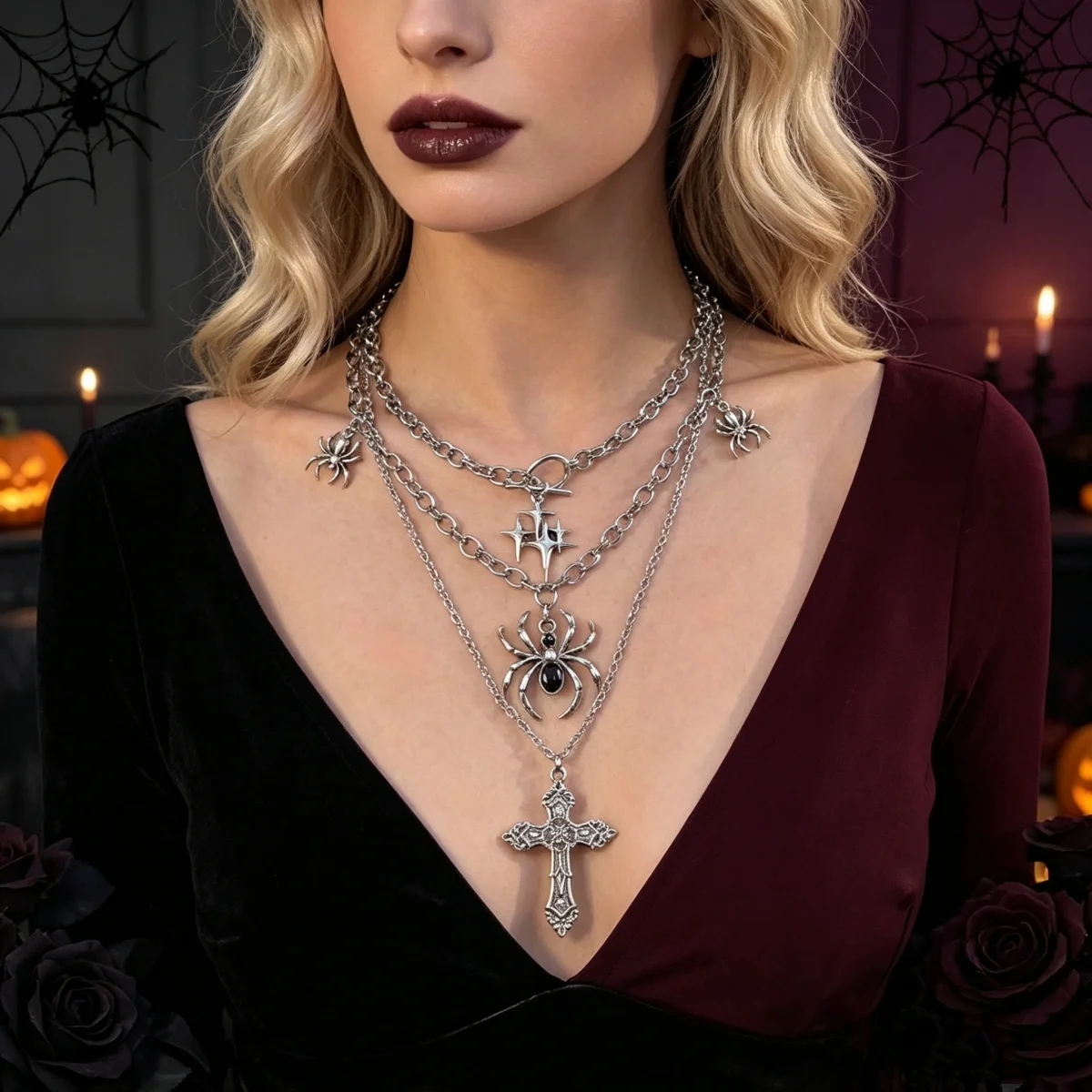 Dunkelschwarze Gothic-Spinnenkreuz-Anhänger-Mehrschichtige Halskette für Damen und Herren, Punk-Halloween-Herz-Fledermaus-Perlen-Choker, Cosplay-Schmuck – Detail 4