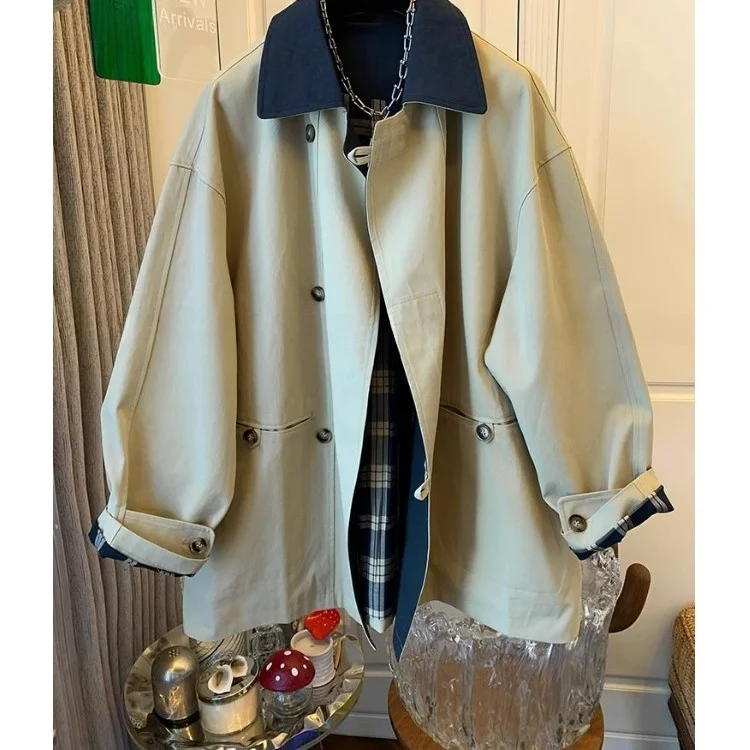 Vintage Oversized Color Block Long Coat Women's Loose Top Fashionable Autumn Wear Comfortable Fit Female Outerwear
