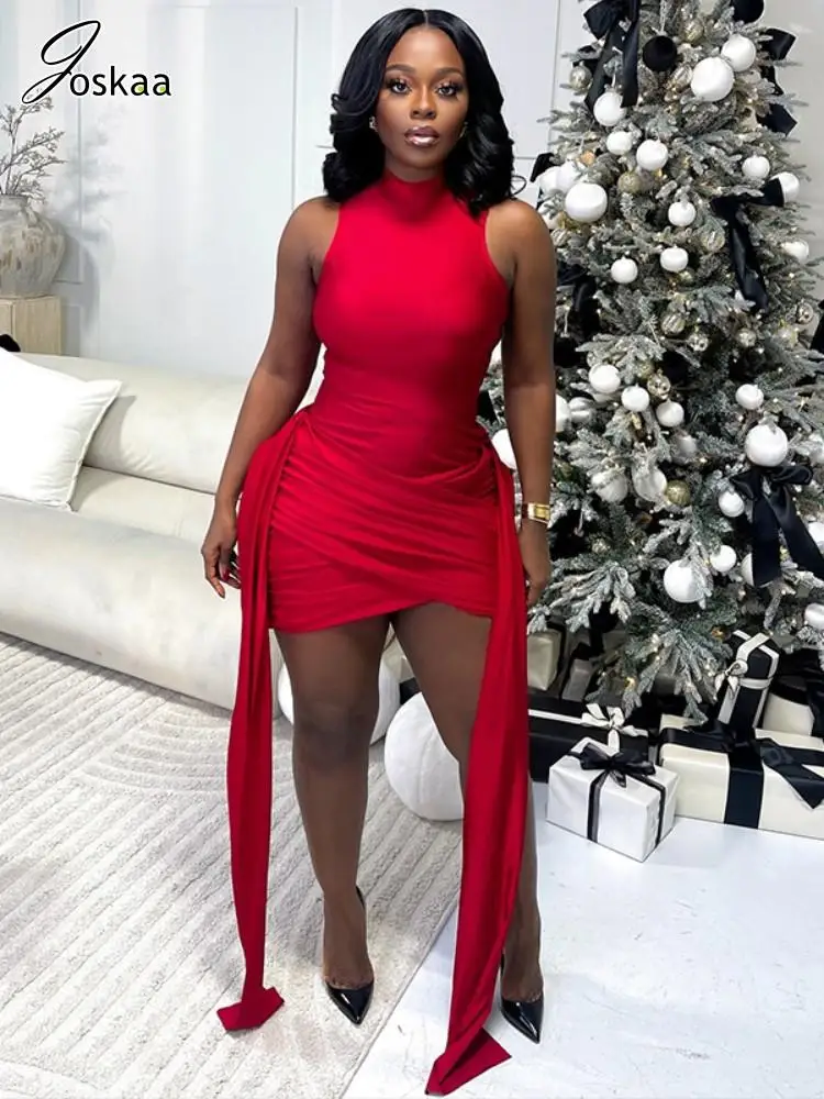 Joskaa Elegante colletto alla coreana senza maniche Nastri increspati Mini abiti modellanti per il corpo per le donne 2025 Primavera Festa di compleanno Clubwear