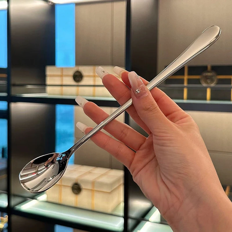 Stainless Steel Round Spoon Net Red Golden Dinner Long Handle Stirring Dessert Spoons For Kitchen Accessories Gadgets