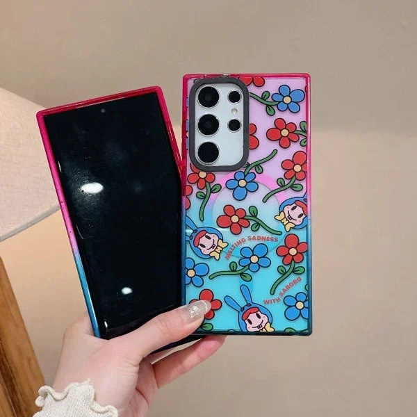 Rabbit Carrot Cat Colorful Border Magnetic Acrylic Case for Samsung Galaxy S22 S23 S24 Ultra S24+ Plus Protective Shell