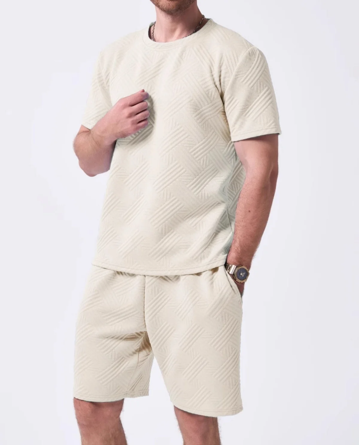 Men's Summer Casual Round-Neck T-Shirt Shorts Set Fashionable Knitted Jacquard Solid-Color Sportswear Short-Sleeved Outfit