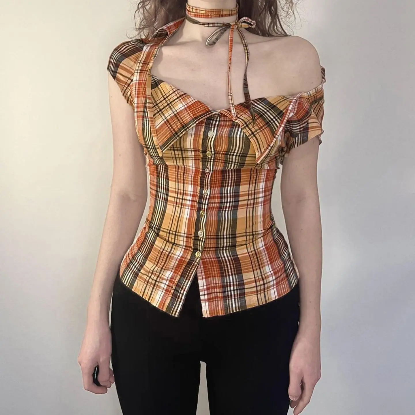

Onalippa 2025 American Spicy Girl Contrasting Plaid Lapel Repair Shirt Retro Style Slimming Collarbone Short Sleeved Trendy