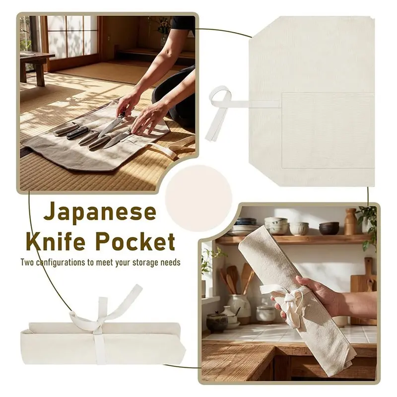 ABRU-Japanese Knives Storage Case Knife Roll Bag Canvas With 5 Slots, Thickened Portable Chef Knives Carry Case
