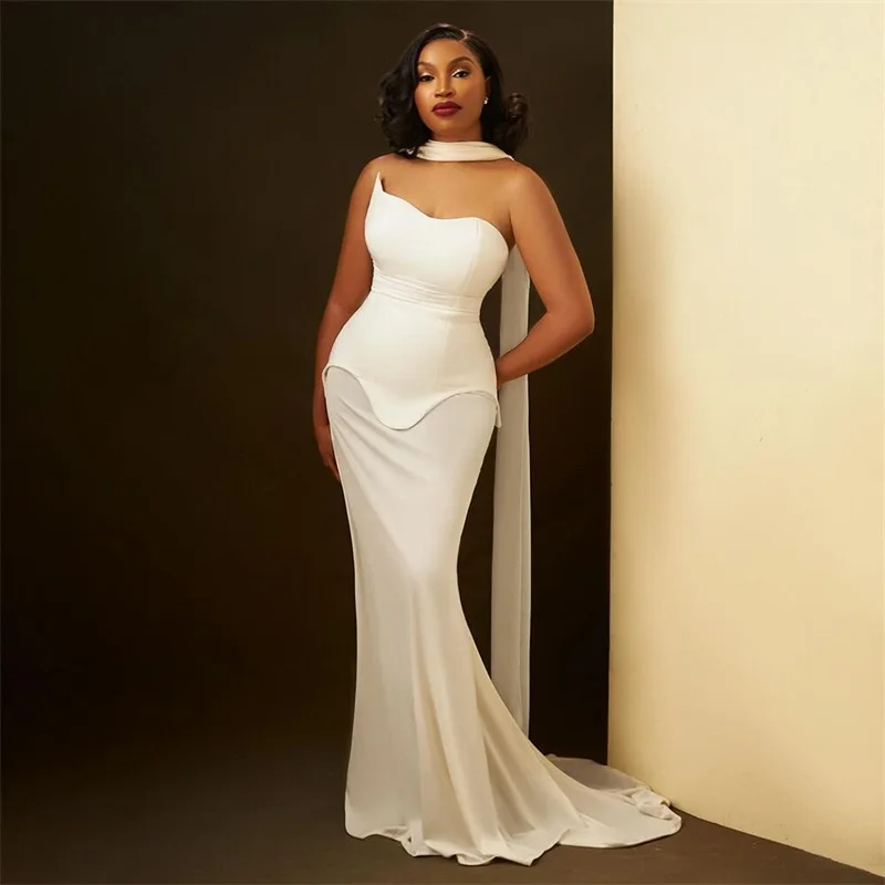 

White Women Prom Dress With Scarf Sexy Strapless Sleeveless Long Sheath Party Gown Ruffles Casual Holiday Birthday Skirt