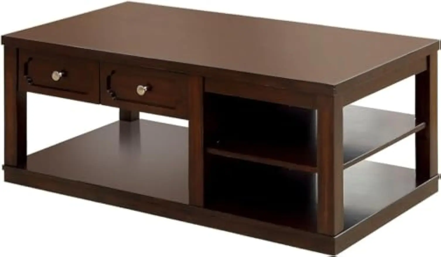 Modern Dark Brown Wood Rectangular Cocktail Living Room Coffee Table and Shelf Drawers