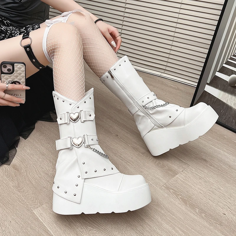 

Designer Women's Boots Rivet Trouser Legs Wedges Platform Boots for Women Fashion Punk Style Thick Heel Ladies Knight Long Boots