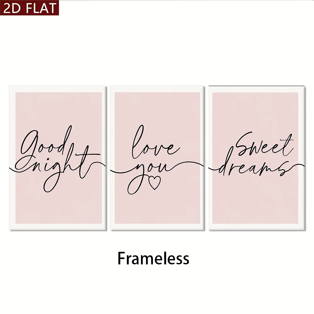1 set of triptych frameless decorative paintings with pink background, English art words decorative paintings, 2D plan