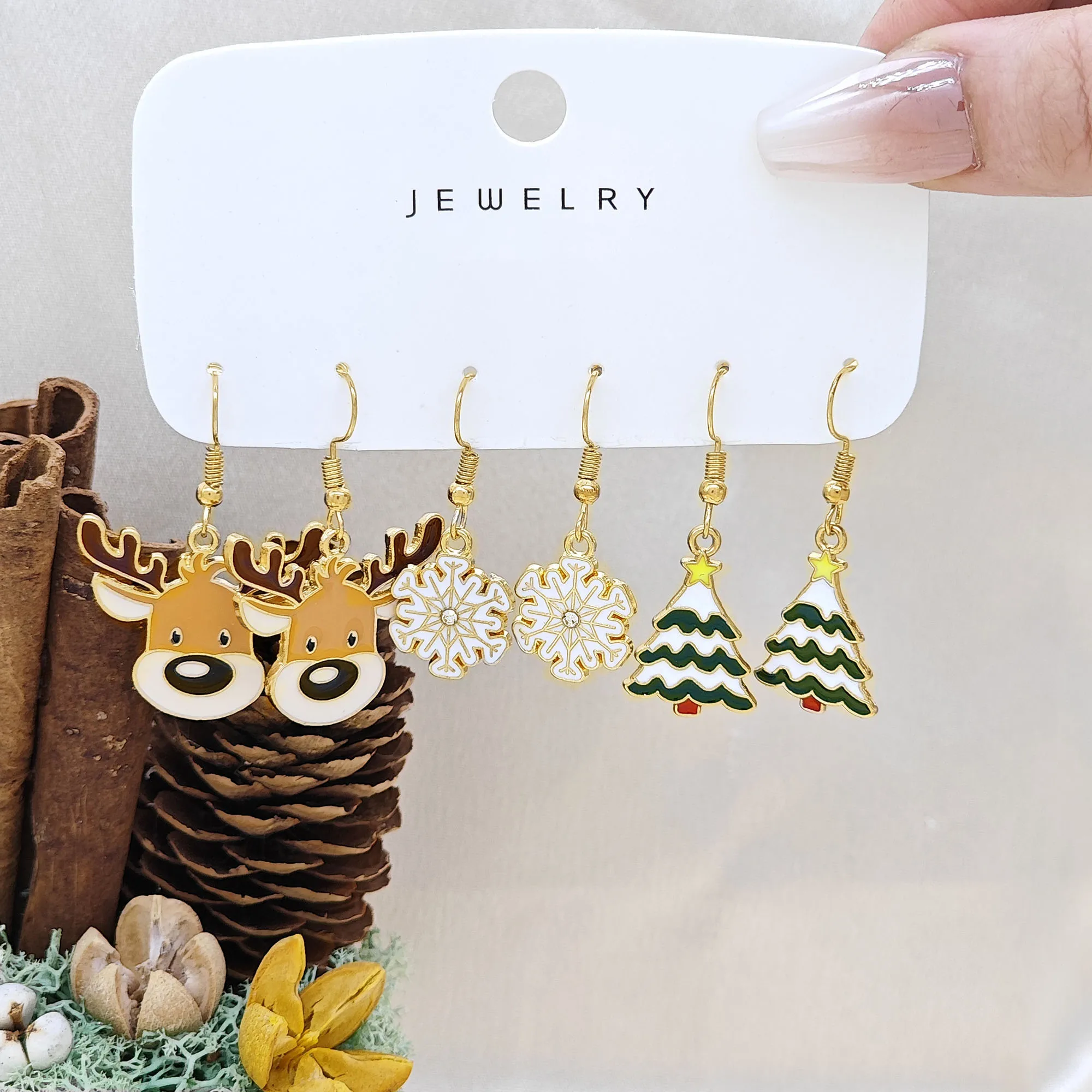 6pcs New Christmas Set Cross border Hot Selling Cartoon Dripping Oil Elk Santa Claus Christmas Tree Earrings for Women