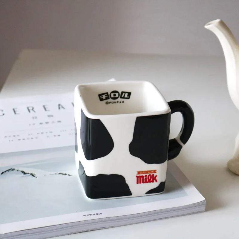 TingKe Japanese Style Cartoon Cow Square Ceramic Mug Creative Black and White Cow Pattern Ceramic Cup Coffee Cup Milk Cup Gift