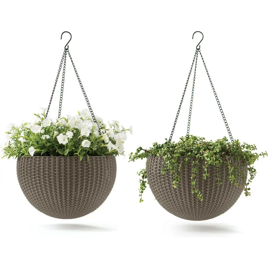 

Resin Rattan Set of 2 Round Hanging Planter Baskets for Indoor and Outdoor Plants Ideal for Porch and Patio Decor in Cappuccino