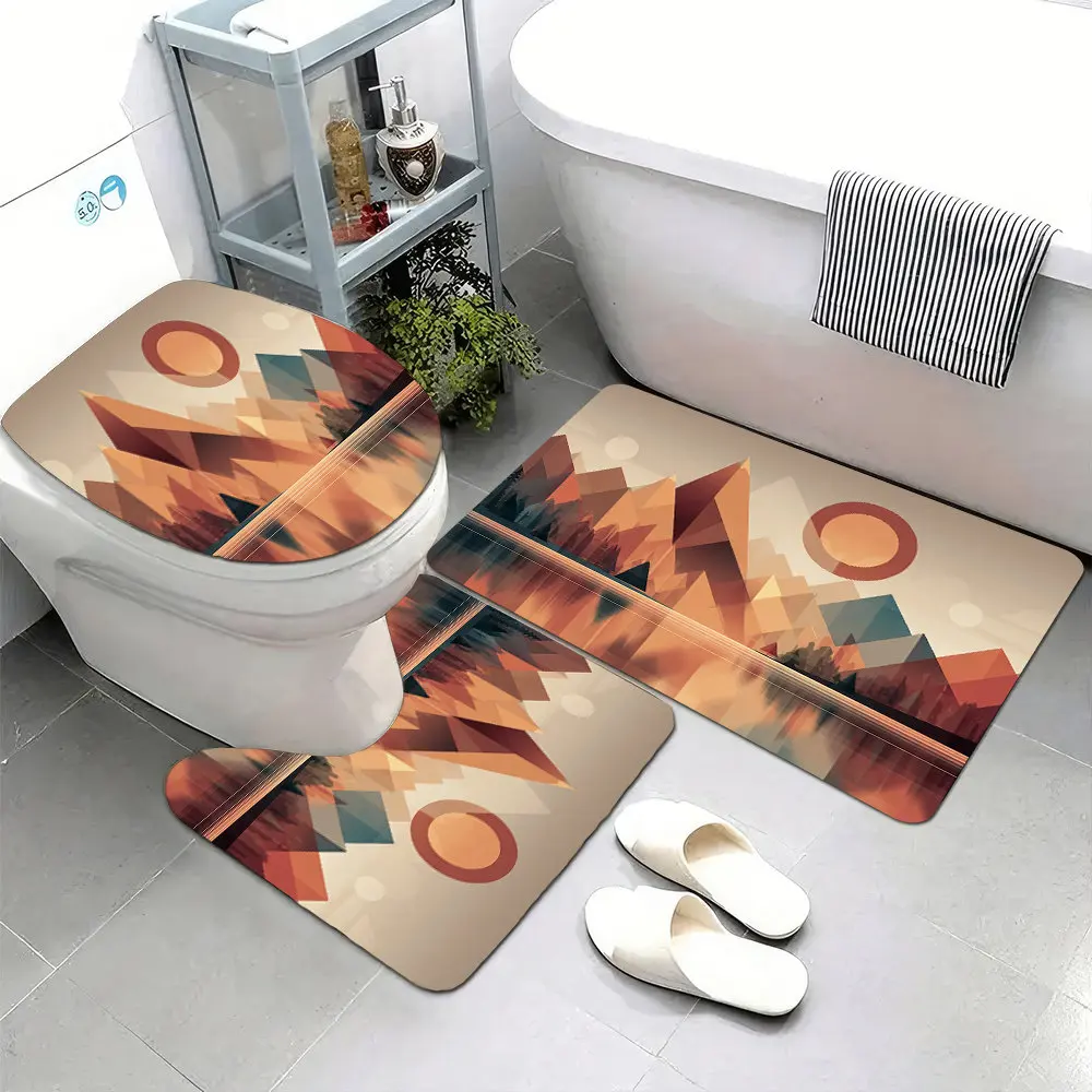

Set of 3 Ultra-Soft Bathroom Floor Mats with Non-Slip Backing, Featuring a Flat Vector Design of Geometric Shapes Resembling Mou